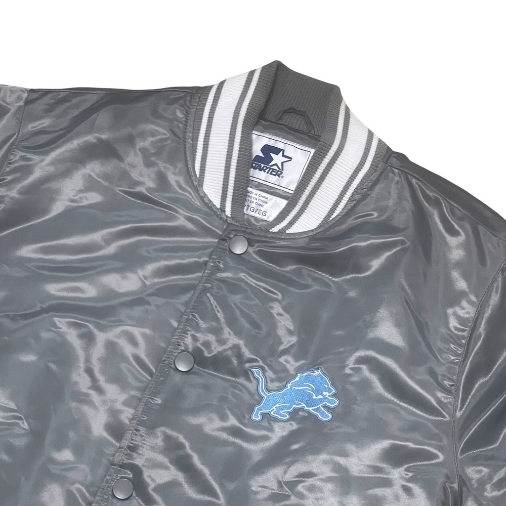 VTG Detroit Lions Starter Satin‎ Bomber Jacket Mens XL Gray Blue NFL Football